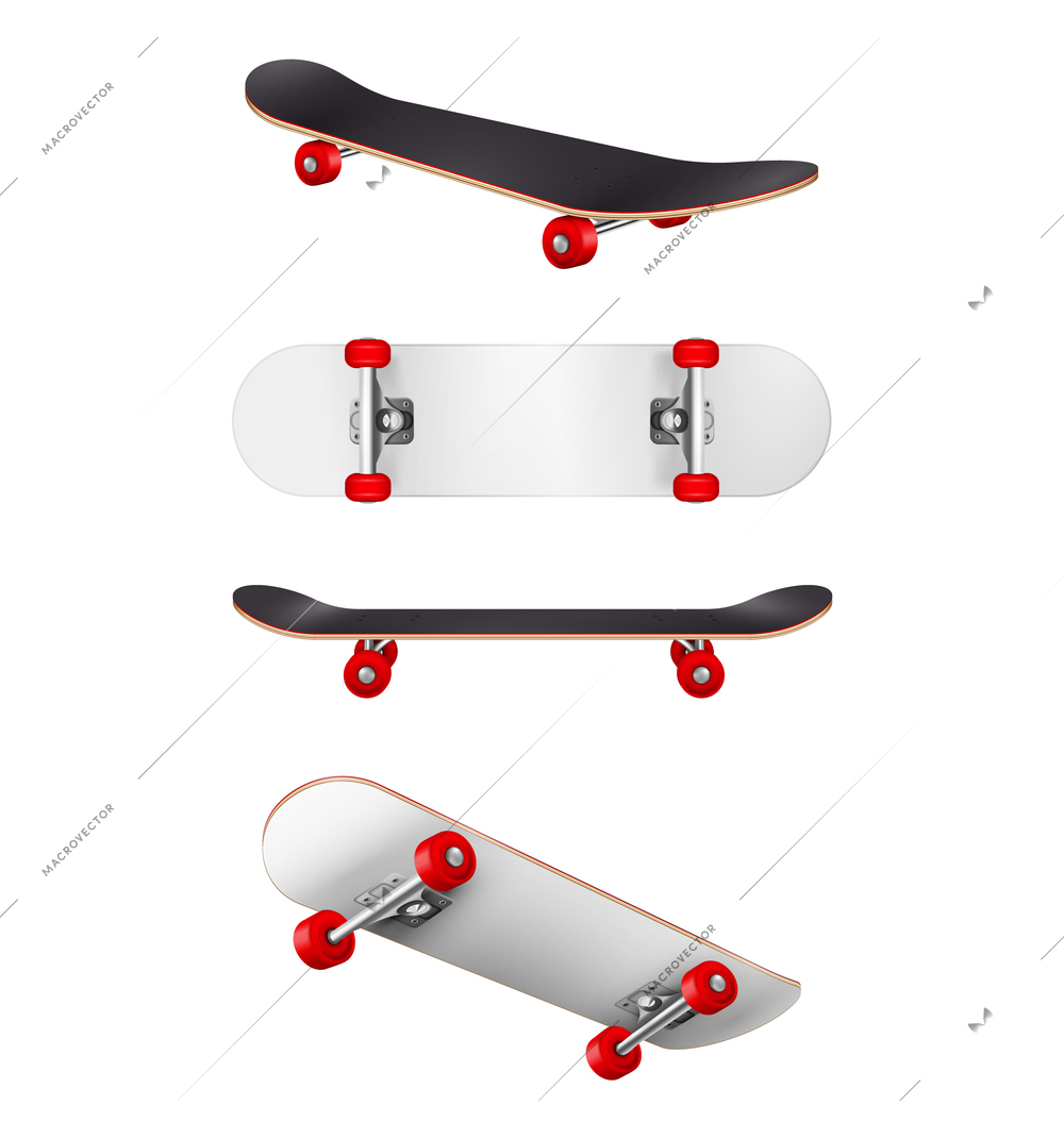 Set of four realistic black and white skateboards with red wheels isolated vector illustration