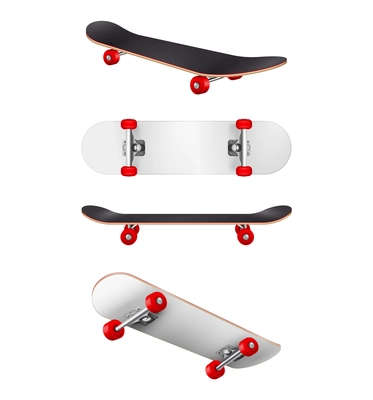 Set of four realistic black and white skateboards with red wheels isolated vector illustration