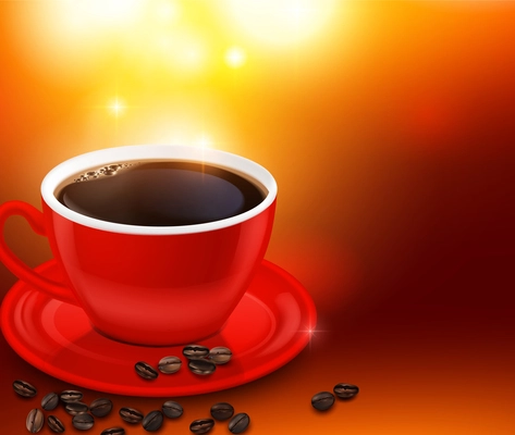 Black coffee in red cup and beans on bright blurred background realistic vector illustration