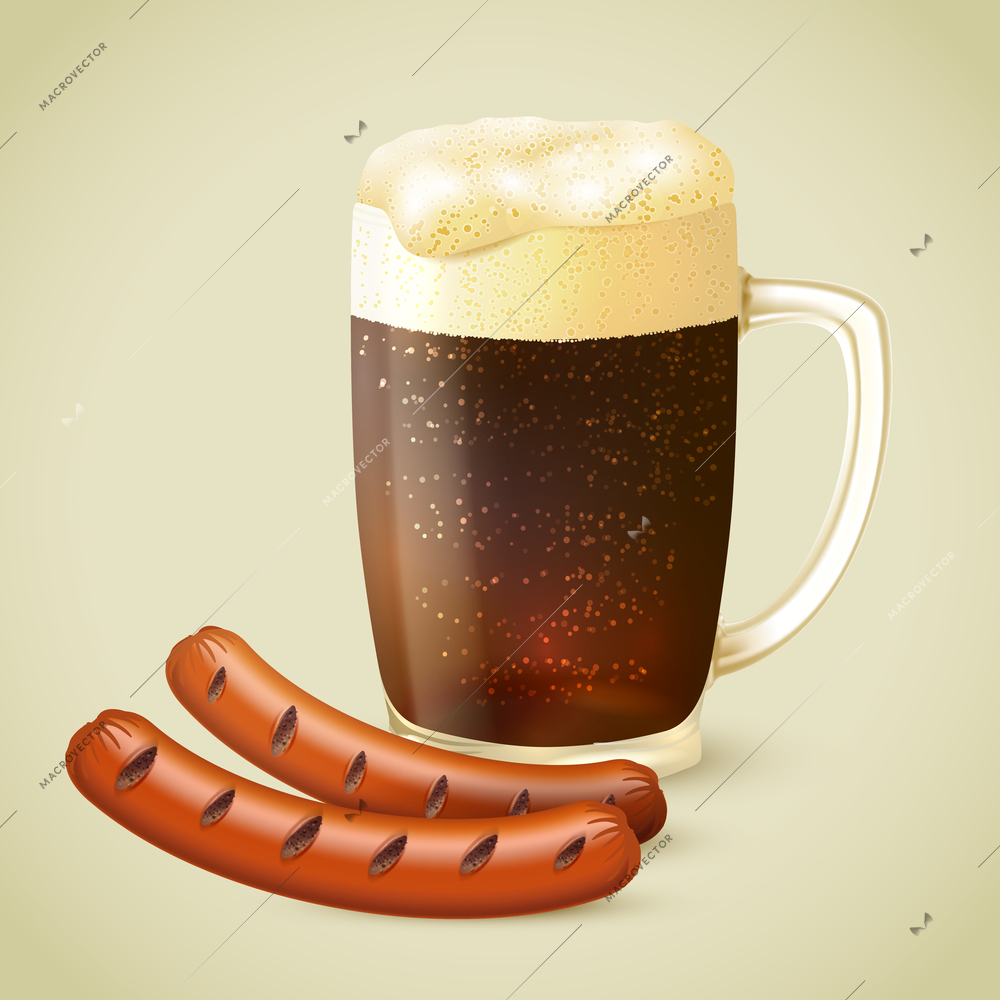 Glass mug of cold dark porter stout beer with froth and grilled sausage emblem vector illustration