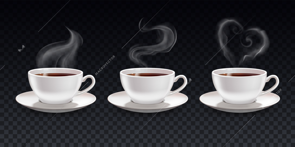 Steam smoke realistic cups set on transparent background with white cups of coffee with fume shapes vector illustration