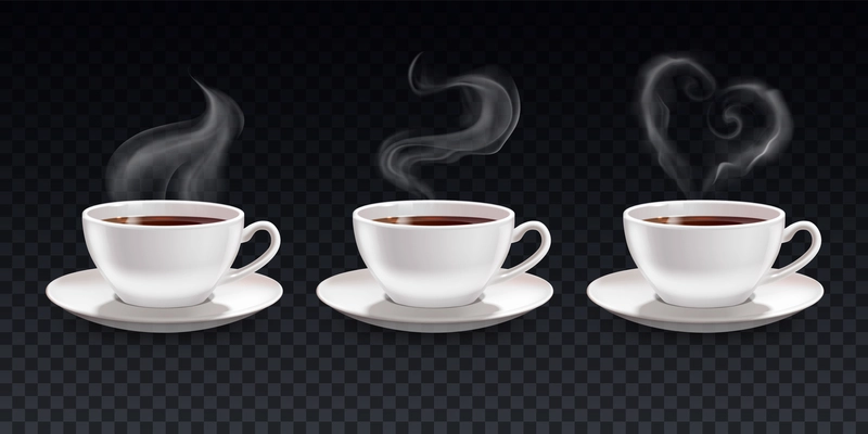 Steam smoke realistic cups set on transparent background with white cups of coffee with fume shapes vector illustration