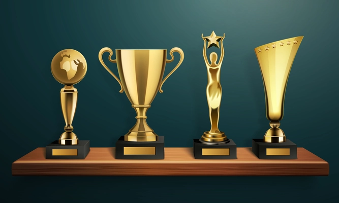 Trophy and frame realistic set of four different art and sport cups standing on wooden shelf vector illustration