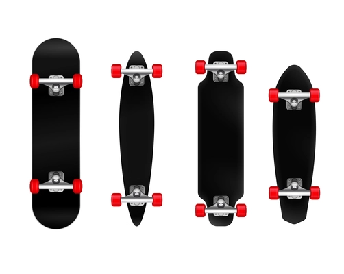 Black skateboards with red wheels of different size and shape realistic set isolated on white background vector illustration