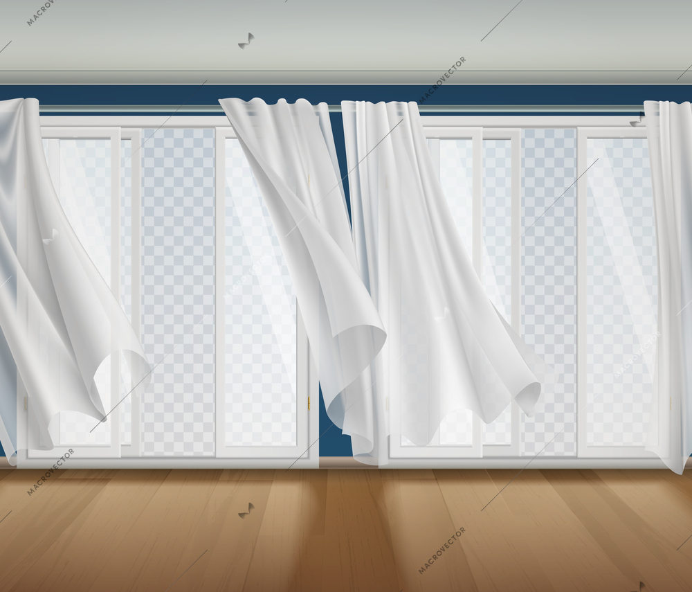 Open window billowing curtains transparent composition with indoor scenery and opened windows with transparent view outside vector illustration