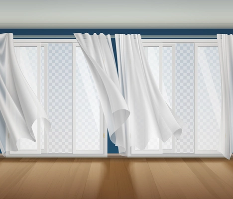 Open window billowing curtains transparent composition with indoor scenery and opened windows with transparent view outside vector illustration