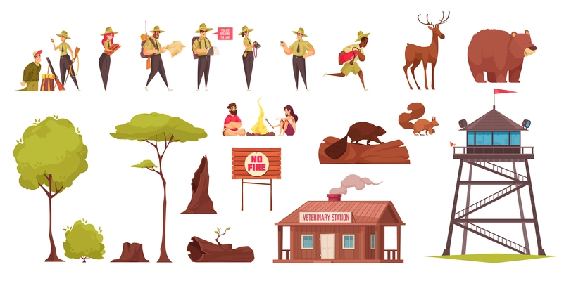 Set of colored cartoon icons with forest rangers wild animals trees sign veterinary station isolated on white background vector illustration