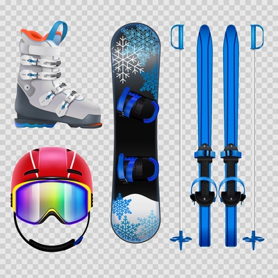 Colored ski and snowboard equipment realistic icons set isolated on transparent background vector illustration