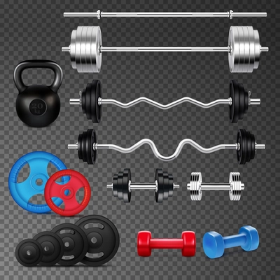 Realistic icons set with various colorful barbells and dumbbells on black transparent background isolated vector illustration