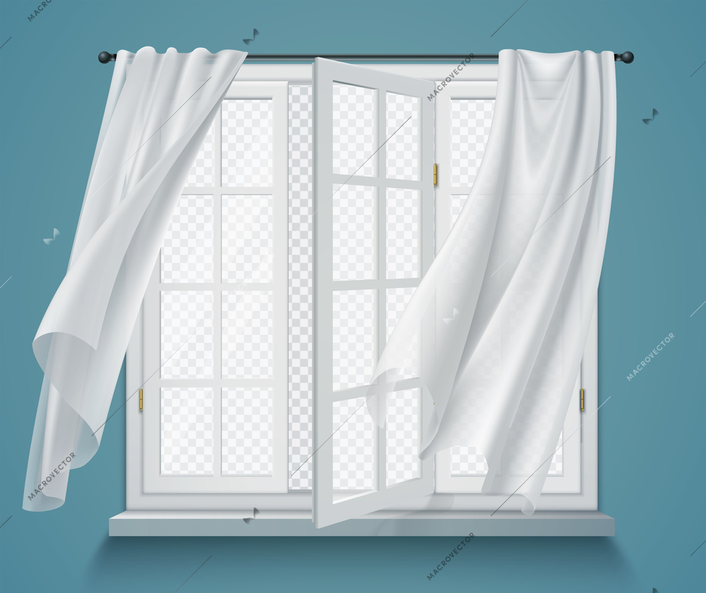 Open window billowing curtains transparent view composition with blue walls and white curtains hanging on rod vector illustration