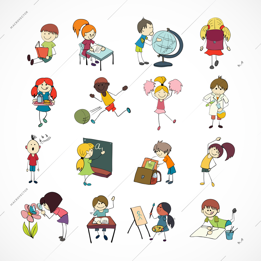 Decorative reading learning singing and playing football school children with backpack doodle sketch vector illustration