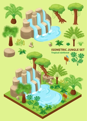 Isometric jungle set of square surface with exotic landform and isolated plants with trees and text vector illustration