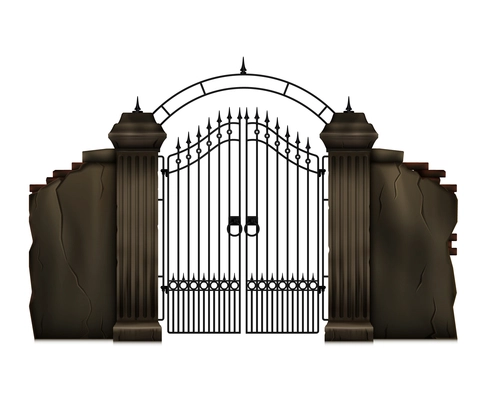 Old stone cemetery fence and lattice gate on white background realistic vector illustration