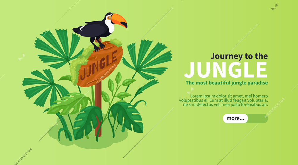 Isometric jungle horizontal banner with toucan bird sitting on sign board with exotic plants and text vector illustration