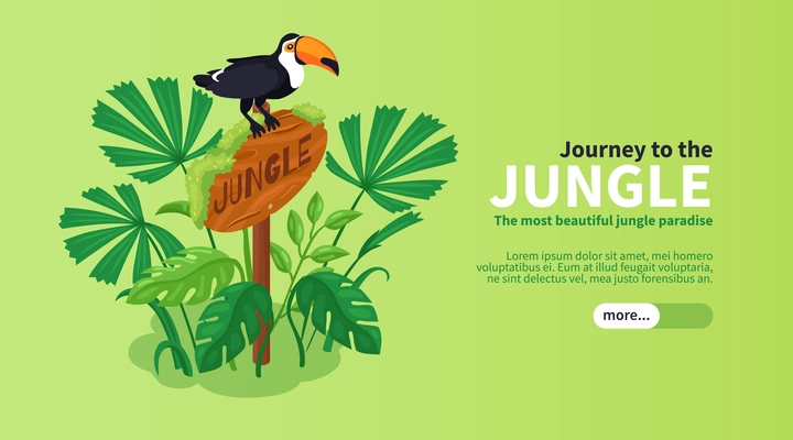 Isometric jungle horizontal banner with toucan bird sitting on sign board with exotic plants and text vector illustration