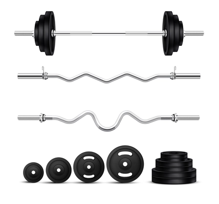 Realistic set of barbells and dumbbells of different size and shape isolated on white background vector illustration