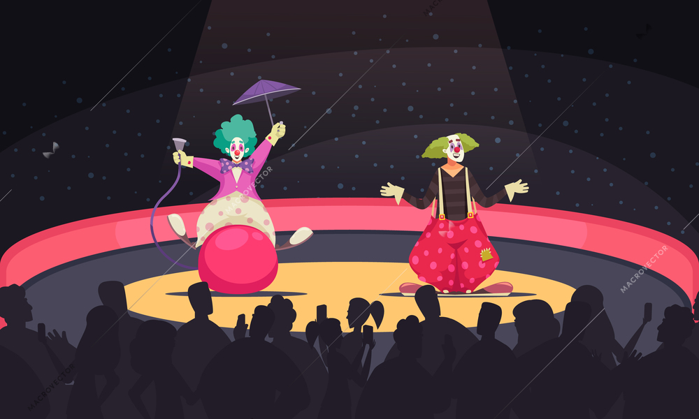Cartoon background with two clowns wearing funny costumes performing at circus vector illustration