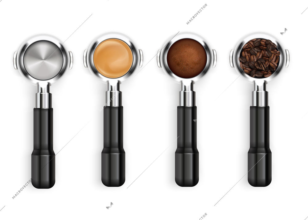 Realistic set of four barista holders with coffee and beans isolated vector illustration