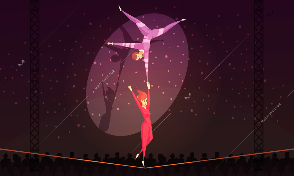 Cartoon background with wire walkers acrobats performing at circus vector illustration