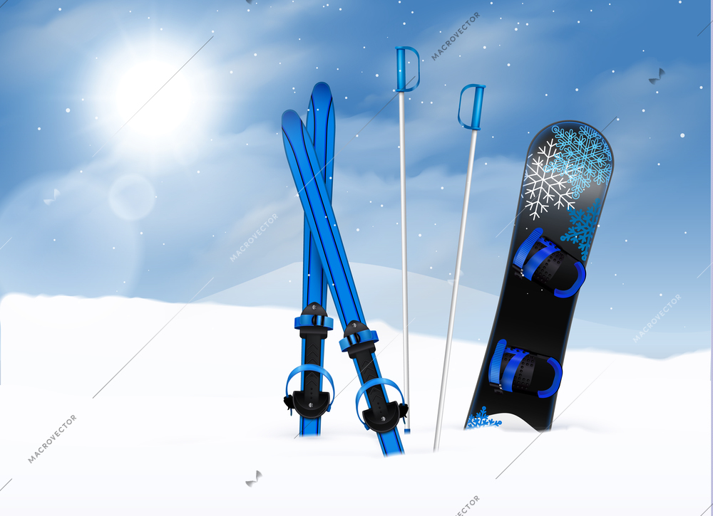 Ski poles and snowboard in snow on background with blue sky and sun realistic vector illustration