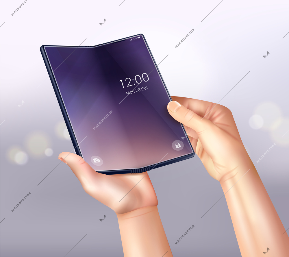 Foldable smartphone realistic composition with gradient background flare spots and folding touchscreen phone in human hands vector illustration