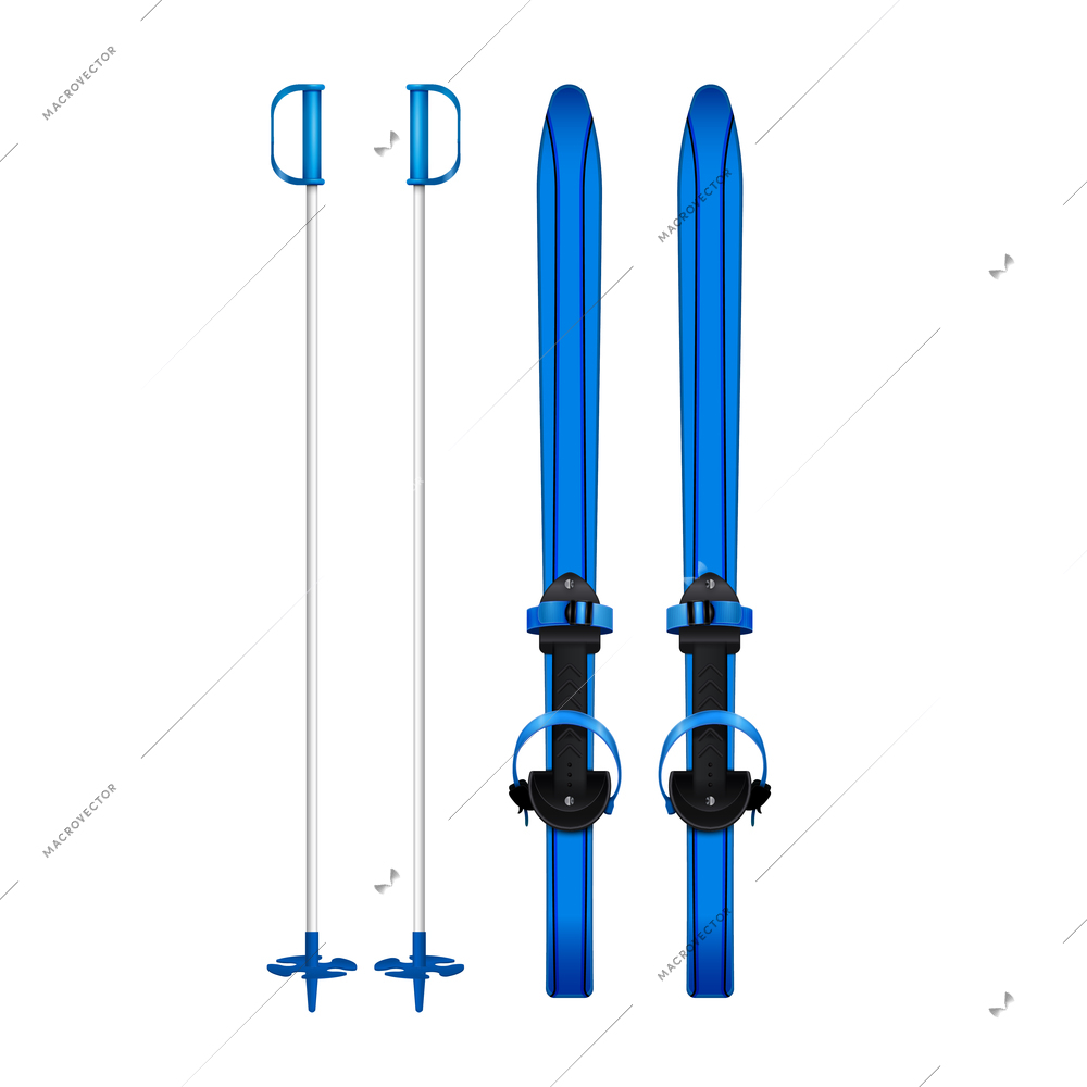 Realistic set with blue ski and poles isolated on white background vector illustration