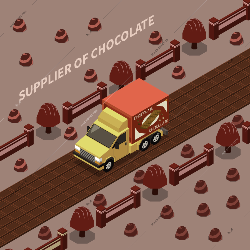 Supplier of chocolate abstract background with delivery truck traveling at chocolate road isomeric vector illustration