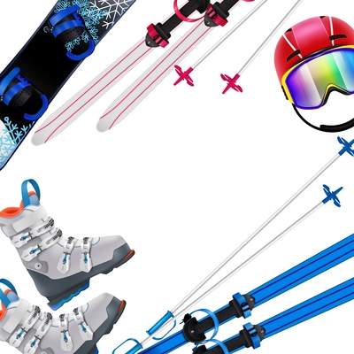 Winter sports equipment realistic frame with snowboard ski helmet boots on white background vector illustration