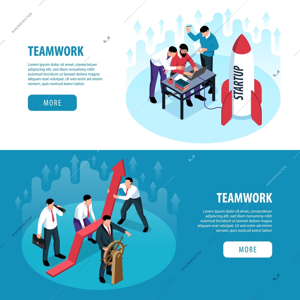 Isometric teamwork brainstorm set of two horizontal banners with editable text more button and people characters vector illustration