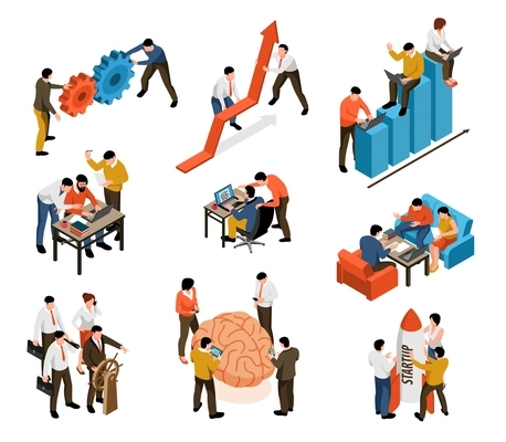 Teamwork collaboration support innovative ideas problem solutions brainstorming common goal profitable startup isometric icons set vector illustration
