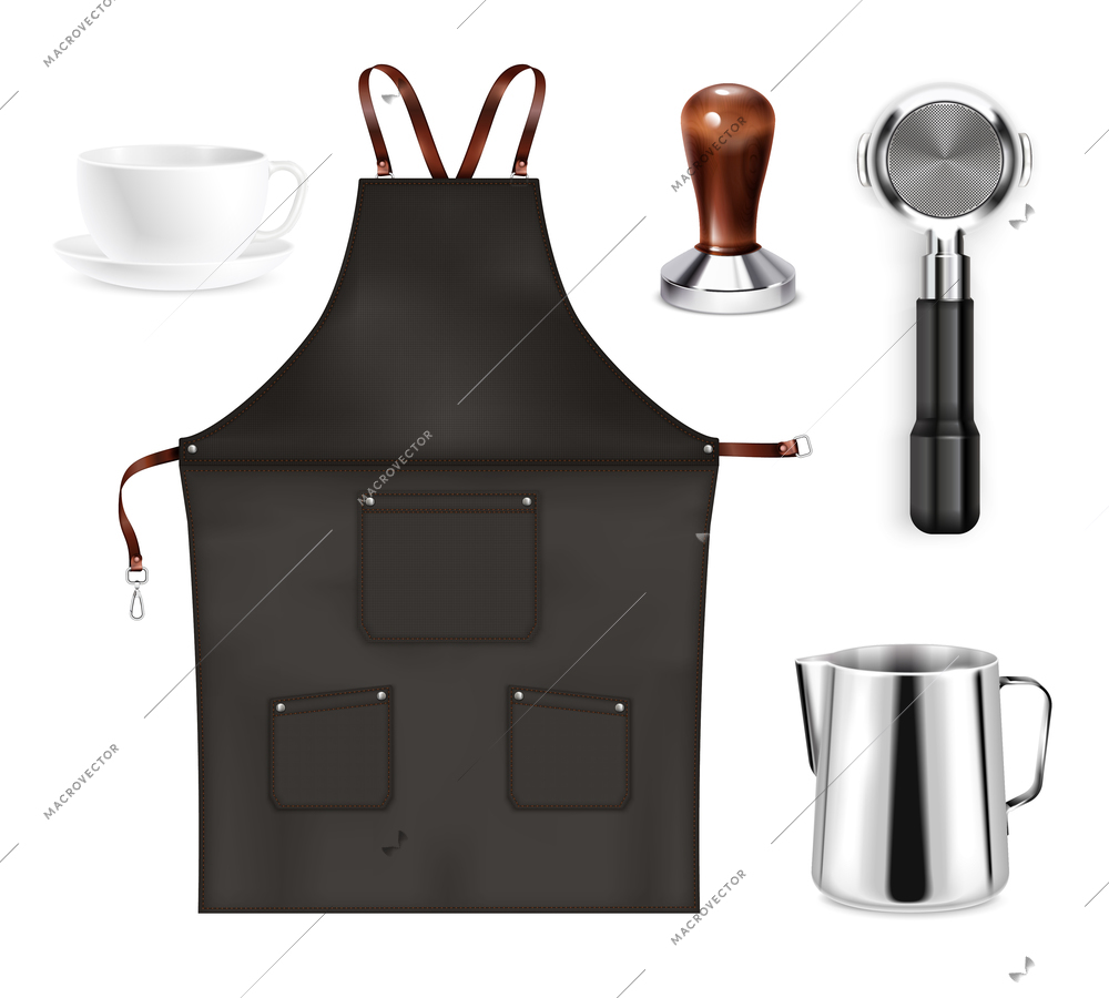 Barista equipment realistic set with pot cup black apron holder tamper isolated vector illustration