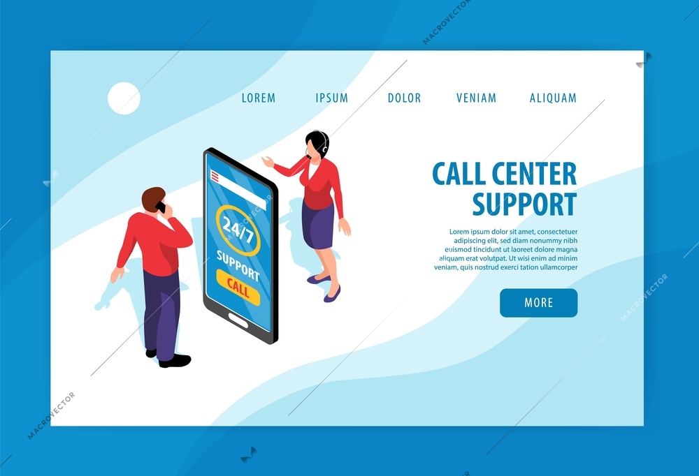 Call center isometric web banner with support service operator and customer on each side of smartphone vector illustration