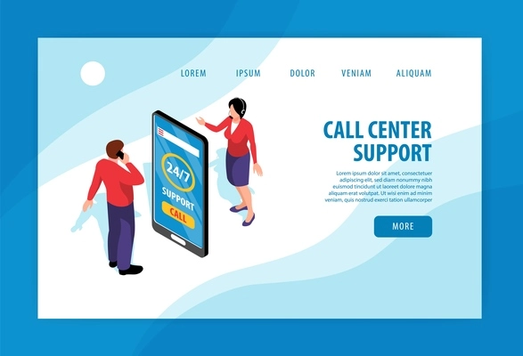 Call center isometric web banner with support service operator and customer on each side of smartphone vector illustration
