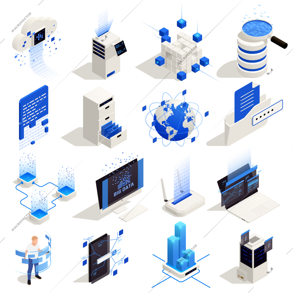 Big data storage exchange interactive world wide availability analysis processing symbols isometric icons set isolated vector illustration