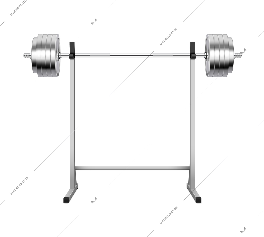 Sport metal barbell on rack on white background realistic vector illustration