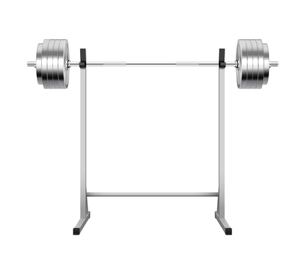 Sport metal barbell on rack on white background realistic vector illustration