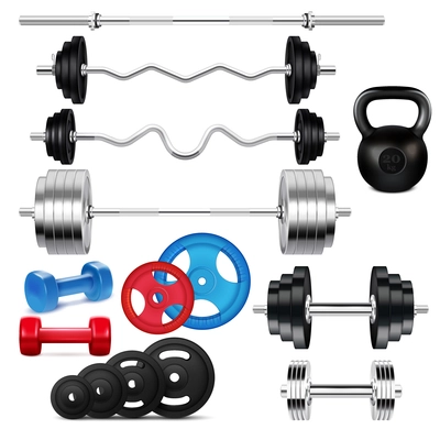 Colorful barbells and dumbbells of various size and weight realistic icons set on white background isolated vector illustration