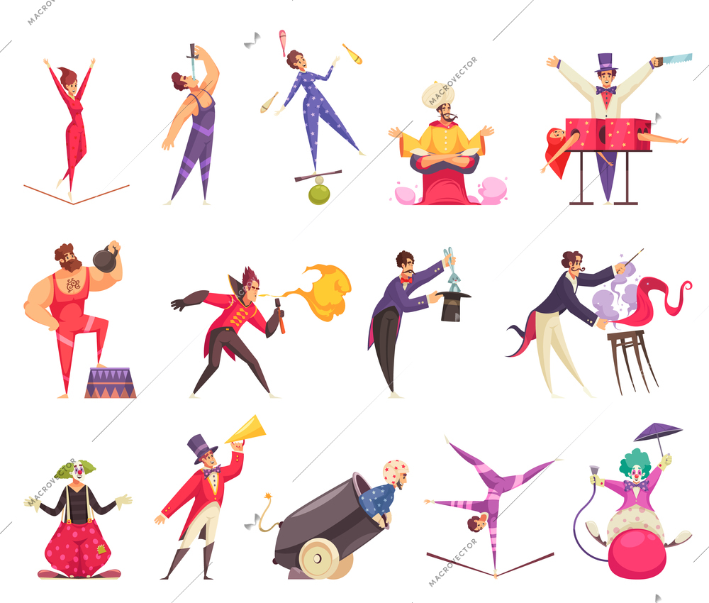 Circus artists cartoon icons set with clown magician juggler strongman acrobat isolated on white background vector illustration