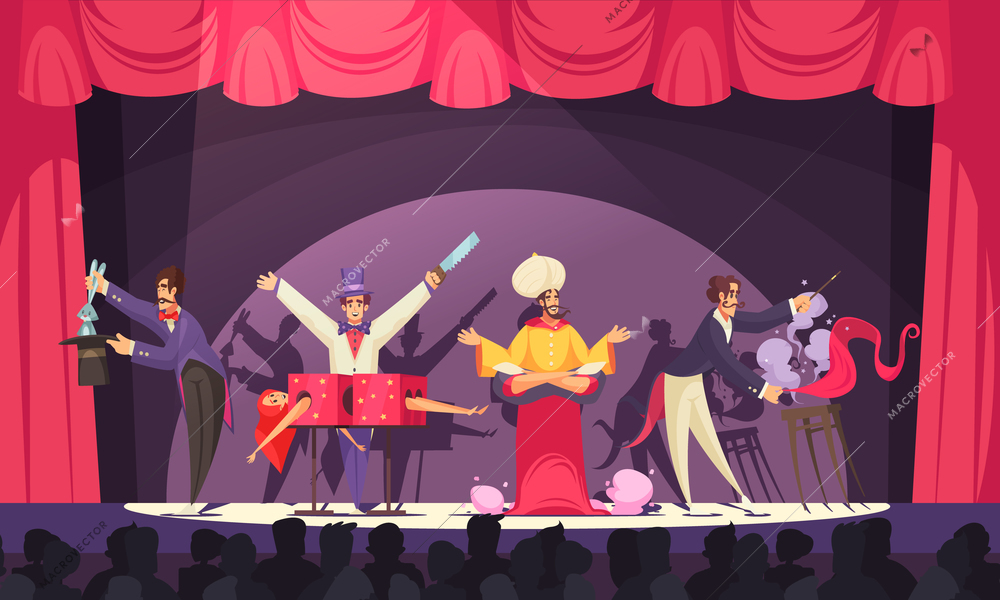 Magicians and jinn performing on circus stage in front of audience cartoon vector illustration