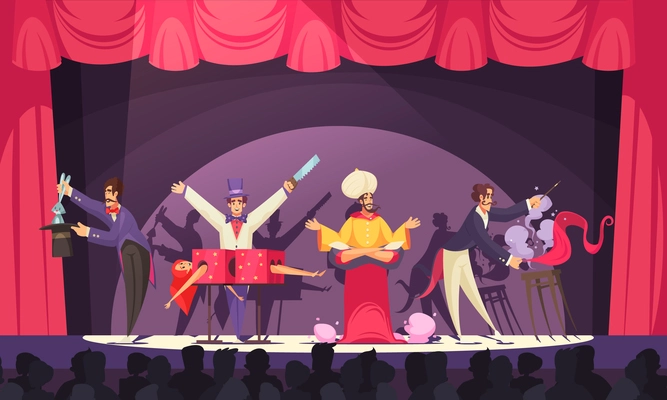 Magicians and jinn performing on circus stage in front of audience cartoon vector illustration