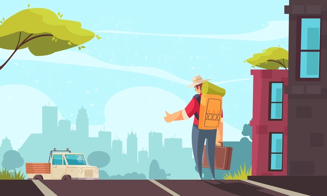 Man with backpack and suitcase hitchhiking and truck driving along road cartoon vector illustration
