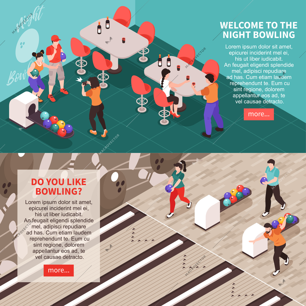 Isometric bowling banners set with editable text clickable buttons and view of friends playing bowling together vector illustration