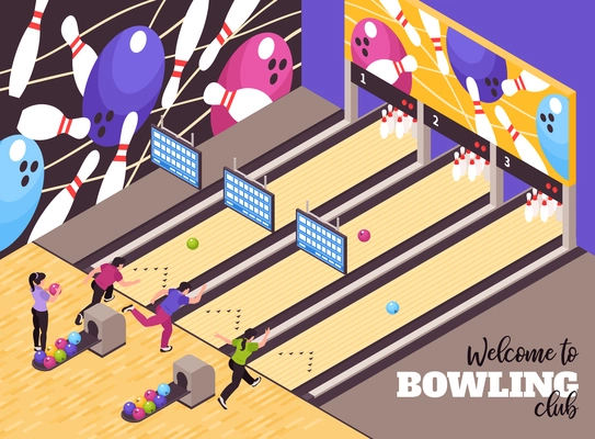 Bowling alley party center lounge  welcoming clients isometric advertisement poster with club members playing game vector illustration