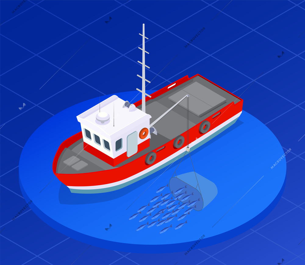 Fish industry seafood production isometric composition with image of fishing boat with drift net in water vector illustration