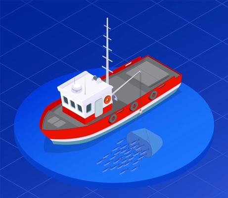 Fish industry seafood production isometric composition with image of fishing boat with drift net in water vector illustration