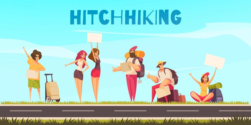 Hitchhiking men and women with luggage and thumbs up waiting for car by roadside cartoon vector illustration