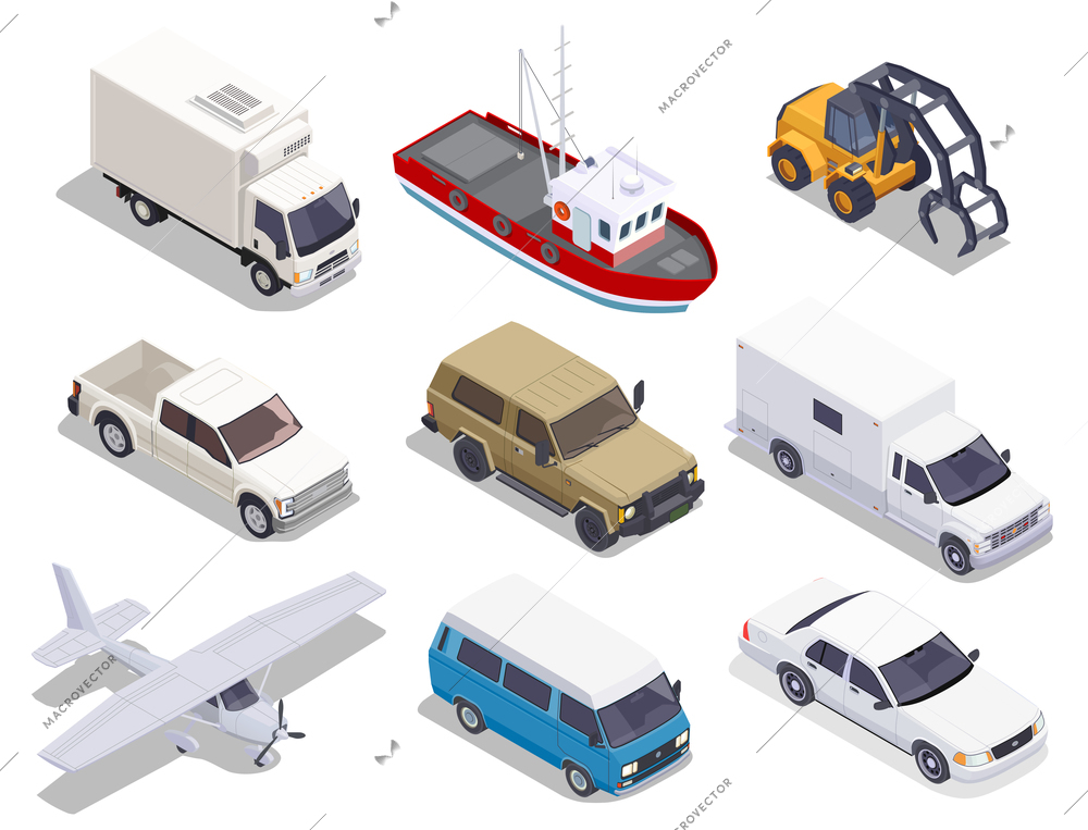 Transport set of isolated isometric icons of cars trucks airplane and boat images on blank background vector illustation