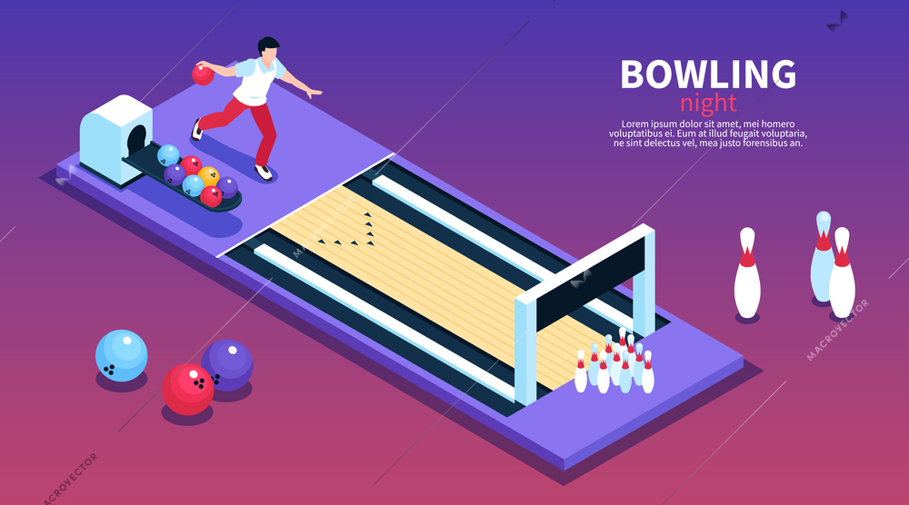 Bowling lounge night party entertainment idea isometric gradient background horizontal banner with player throwing ball vector illustration