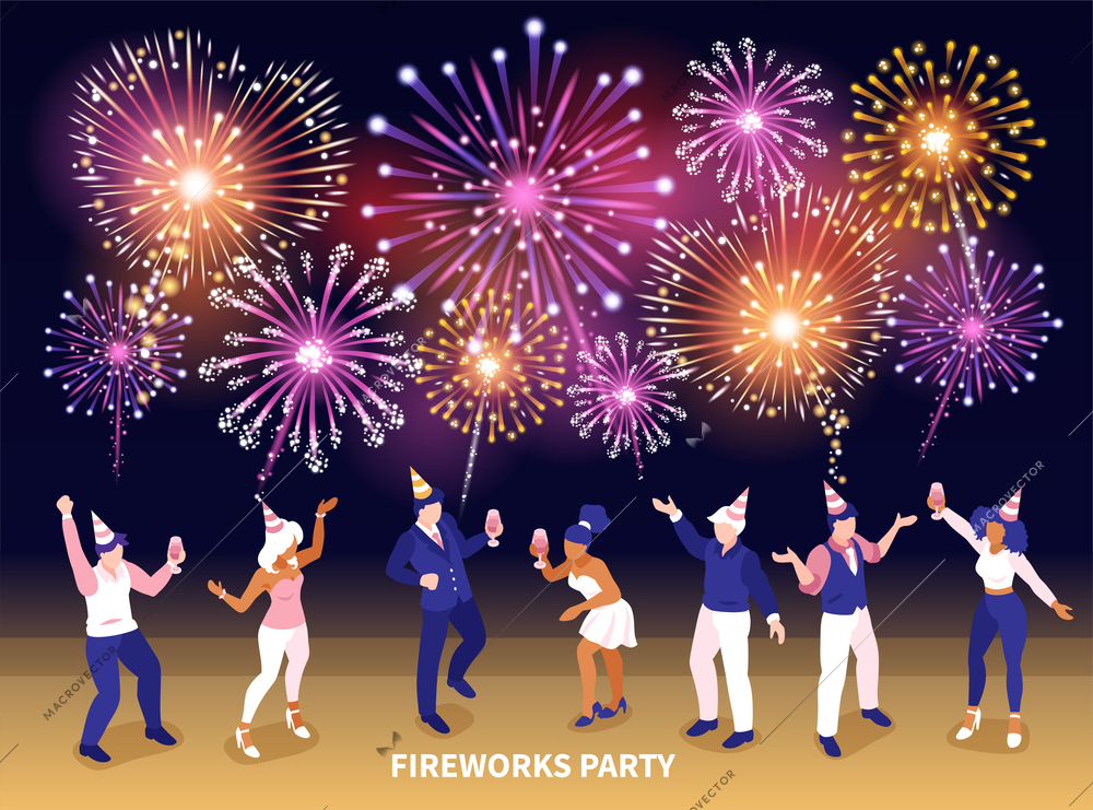 Isometric firework celebrating composition with characters of party people in front of fireworks display with text vector illustration