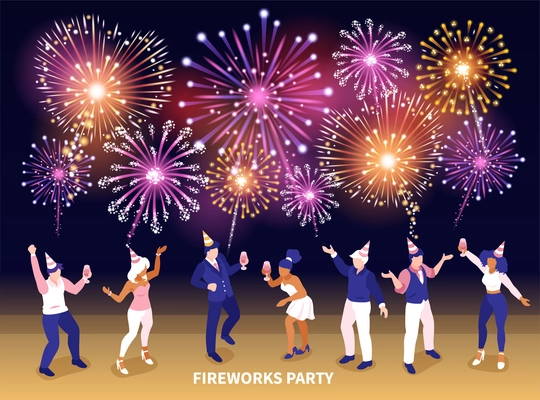 Isometric firework celebrating composition with characters of party people in front of fireworks display with text vector illustration